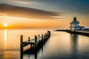 photographier - lever du soleil à le phare par Jimmy Kaufman. généré par ai photo