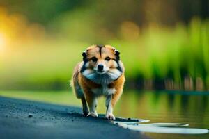 une chien en marchant le long de le route près une étang. généré par ai photo