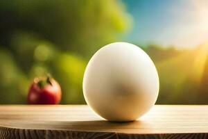 un Oeuf sur une en bois table avec une Soleil dans le Contexte. généré par ai photo