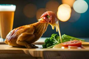 une poulet est étant plongé dans une sauce. généré par ai photo