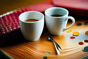 deux tasses de café sur une plateau avec une cuillère. généré par ai photo