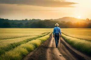 une homme en marchant dans une champ à le coucher du soleil. généré par ai photo