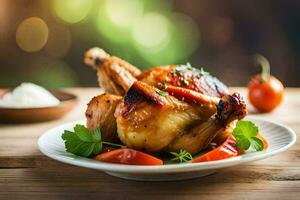 une poulet sur une assiette avec des légumes et riz. généré par ai photo