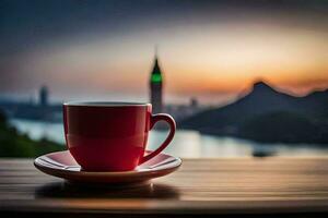 une rouge tasse est assis sur une soucoupe avec une vue de le ville. généré par ai photo