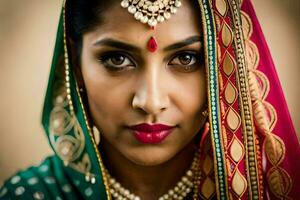 magnifique Indien la mariée dans traditionnel tenue. généré par ai photo