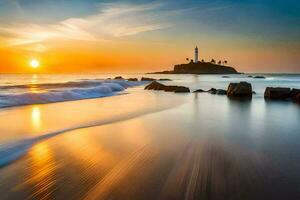 une phare est vu dans le distance à le coucher du soleil. généré par ai photo