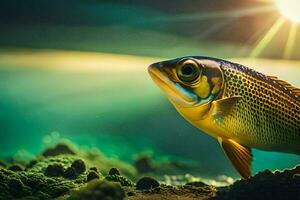 une poisson est permanent dans le l'eau avec le Soleil brillant. généré par ai photo