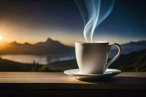 une tasse de café sur une table avec une vue de montagnes. généré par ai photo