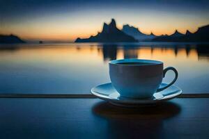 une tasse de café sur une table avec montagnes dans le Contexte. généré par ai photo