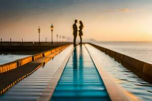 une couple permanent sur une jetée à le coucher du soleil. généré par ai photo