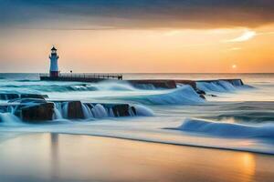 une phare des stands dans le l'eau à le coucher du soleil. généré par ai photo