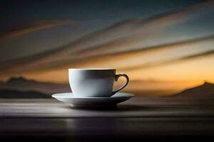 café tasse sur une table avec montagnes dans le Contexte. généré par ai photo