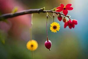 une fleur pendaison de une branche avec une rouge fleur. généré par ai photo