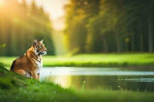 photo fond d'écran le forêt, eau, le soleil, le lac, le tigre, le animal,. généré par ai