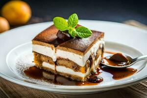 une pièce de dessert sur une assiette avec une cuillère. généré par ai photo