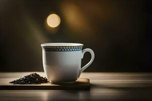 une tasse de thé sur une en bois tableau. généré par ai photo