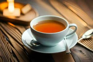 une tasse de thé sur une en bois tableau. généré par ai photo