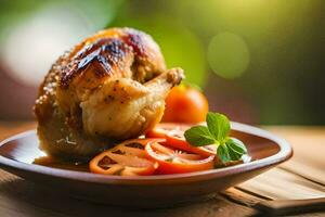 une poulet sur une assiette avec tomates et herbes. généré par ai photo