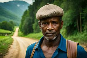 un africain homme des stands sur une saleté route avec une chapeau sur. généré par ai photo