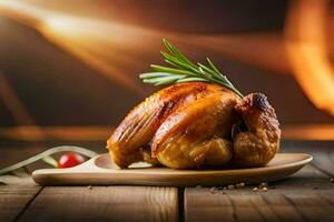 une rôti poulet sur une en bois assiette avec Romarin. généré par ai photo