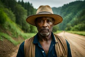 une homme portant une chapeau des stands sur une saleté route. généré par ai photo