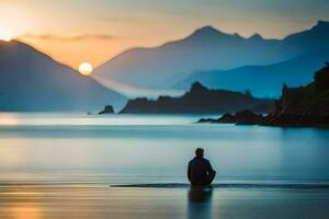 une homme séance sur le bord de une Lac à le coucher du soleil. généré par ai photo