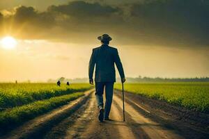 homme en marchant sur une saleté route avec canne dans le milieu de une champ. généré par ai photo