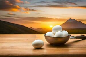 des œufs dans une bol avec une Montagne dans le Contexte. généré par ai photo
