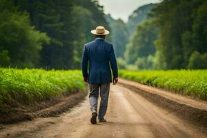 une homme dans une costume et chapeau des promenades vers le bas une saleté route. généré par ai photo