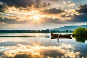 une bateau est flottant sur le calme l'eau à le coucher du soleil. généré par ai photo