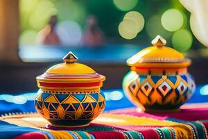 deux coloré céramique pots séance sur une coloré tableau. généré par ai photo