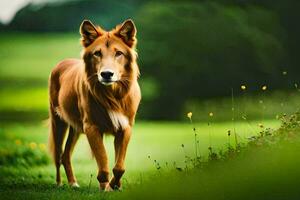 une marron chien est en marchant par une champ. généré par ai photo