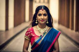 une magnifique Indien femme dans une bleu et rose sari. généré par ai photo