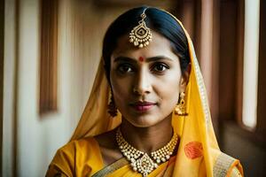 une femme dans une Jaune sari avec or bijoux. généré par ai photo