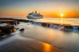 une croisière navire dans le océan à le coucher du soleil. généré par ai photo