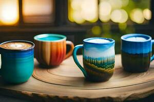 quatre coloré café des tasses sur une en bois tableau. généré par ai photo