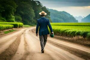 une homme dans une costume et chapeau des promenades vers le bas une saleté route. généré par ai photo