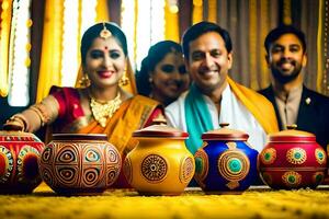 une couple et leur copains pose pour une photo avec coloré marmites. généré par ai