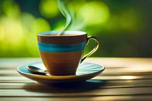 une tasse de café sur une en bois tableau. généré par ai photo