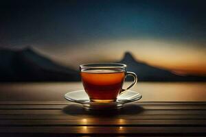 une tasse de thé sur une en bois table avec montagnes dans le Contexte. généré par ai photo