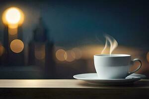 une tasse de café sur une table avec une paysage urbain dans le Contexte. généré par ai photo