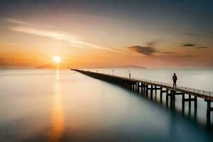 une homme permanent sur une jetée à le coucher du soleil. généré par ai photo