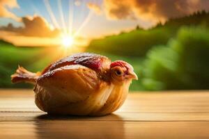 une poulet est séance sur une table avec le Soleil réglage derrière il. généré par ai photo