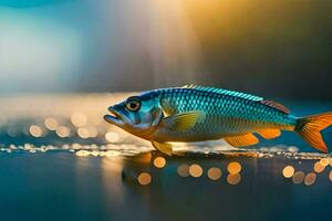 une poisson est permanent sur le l'eau avec une brillant lumière derrière il. généré par ai photo