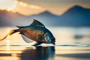 une poisson est sauter en dehors de le l'eau à le coucher du soleil. généré par ai photo