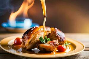 une assiette de poulet étant versé avec sauce. généré par ai photo