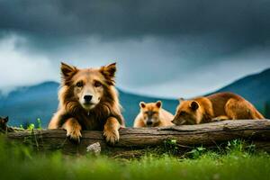 Trois chiens séance sur une Journal dans de face de montagnes. généré par ai photo