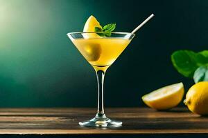 une cocktail avec citron et menthe sur une en bois tableau. généré par ai photo