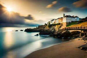 une plage avec une maison sur il et le Soleil est paramètre. généré par ai photo