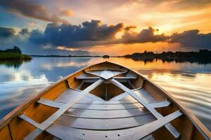 le bateau est sur le l'eau à le coucher du soleil. généré par ai photo
